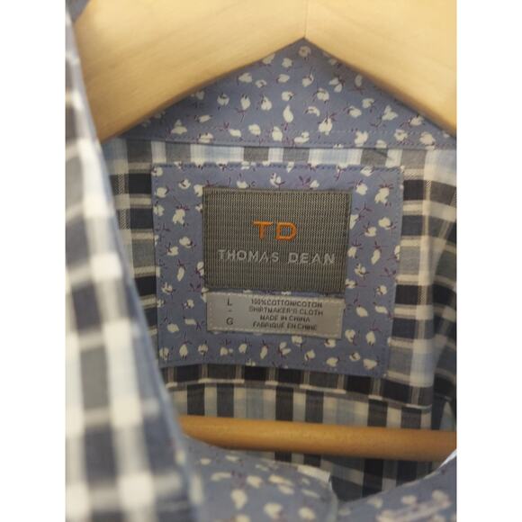 Thomas Dean Cotton Shirt Size L Blue Plaid Shirtmaker Flip Cuff Long Sleeve - Picture 5 of 7